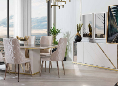 Beige stainless steel dining room set designer dining table x6 chairs sideboard