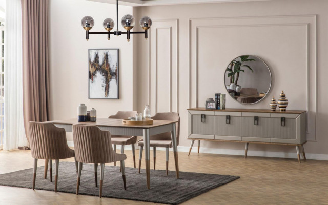 Bright dining room set, robust dining table, luxurious sideboard, 9 pieces