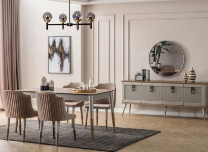 Bright dining room set, robust dining table, luxurious sideboard, 9 pieces