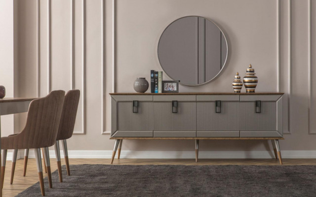 Bright dining room set, robust dining table, luxurious sideboard, 9 pieces