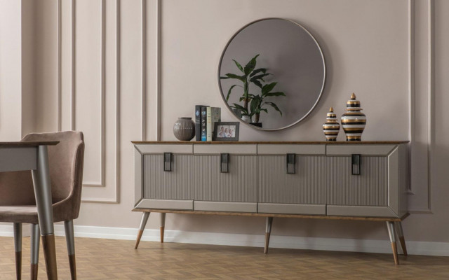 Bright dining room set, robust dining table, luxurious sideboard, 9 pieces
