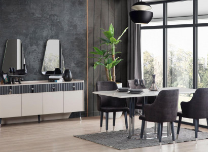 Modern dining set rectangular dining table 6x chairs sideboard 2x mirrors