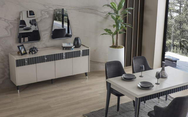 Modern dining set rectangular dining table 6x chairs sideboard 2x mirrors