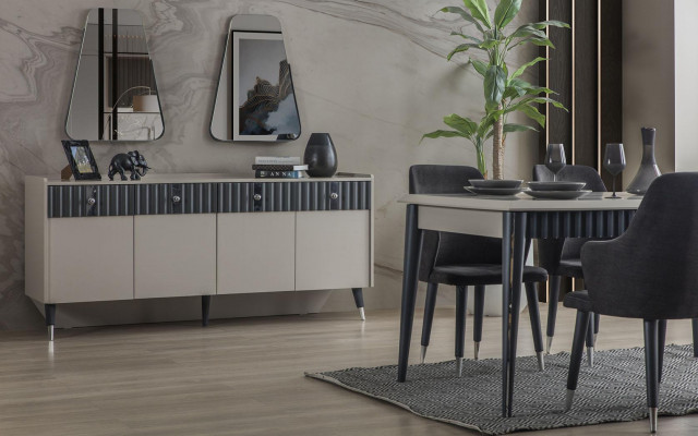 Modern dining set rectangular dining table 6x chairs sideboard 2x mirrors