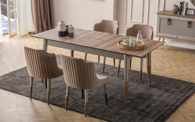 Beige Dining Room Set Rectangular Wooden Table 6x Upholstered Chairs 7-piece Set
