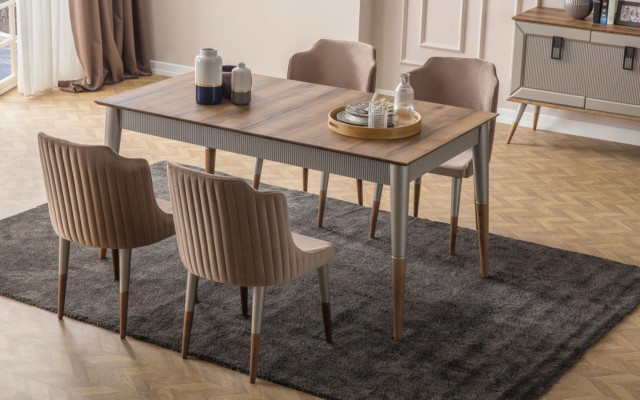 Beige Dining Room Set Rectangular Wooden Table 6x Upholstered Chairs 7-piece Set