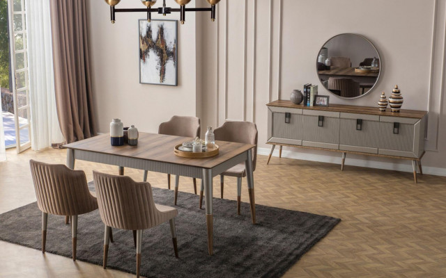 Beige Dining Room Set Rectangular Wooden Table 6x Upholstered Chairs 7-piece Set
