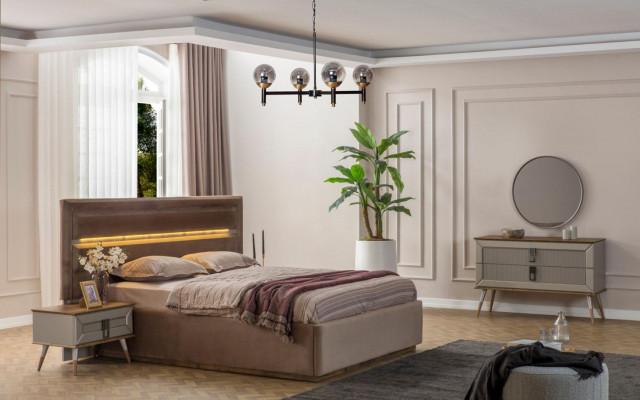 Beige Bedroom Luxury Furniture Designer Double Bed 2x Bedside Tables 5-piece Set