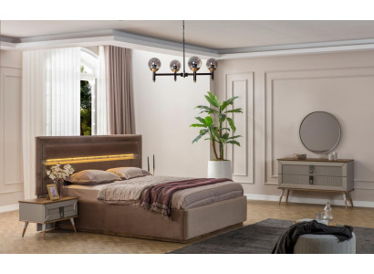 Beige Bedroom Luxury Furniture Designer Double Bed 2x Bedside Tables 5-piece Set