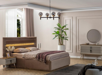 Beige Bedroom Luxury Furniture Designer Double Bed 2x Bedside Tables 5-piece Set