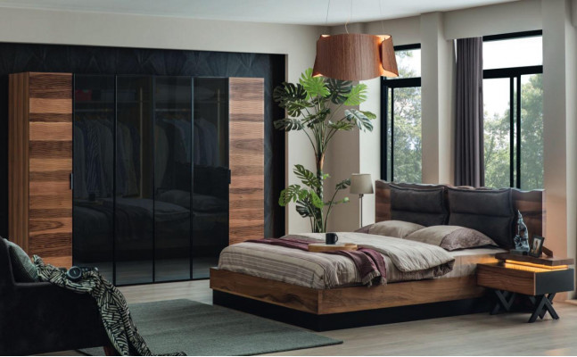 Bedroom wooden furniture set, robust bed, 2 nightstands, 3-piece luxury set