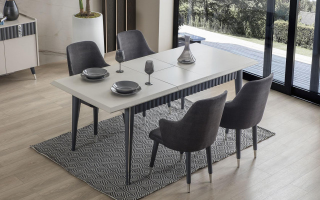 Designer Rectangular White Dining Table with 6 Grey Upholstered Chairs 7-piece Set