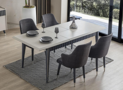 Designer Rectangular White Dining Table with 6 Grey Upholstered Chairs 7-piece Set