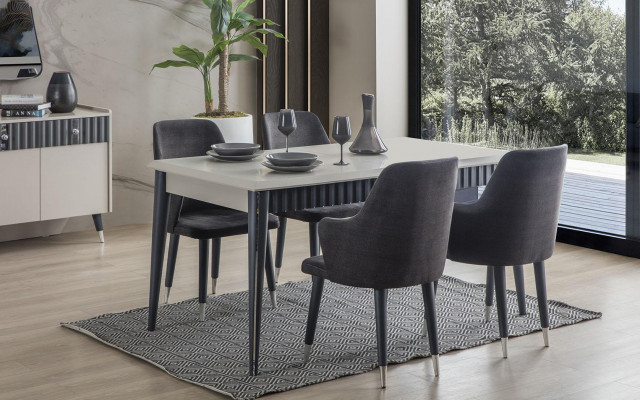 Designer Rectangular White Dining Table with 6 Grey Upholstered Chairs 7-piece Set