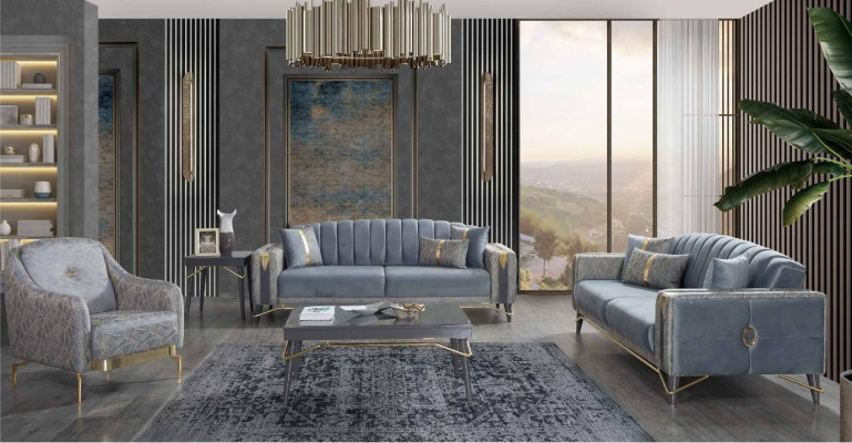 Luxurious Grey Chesterfield Upholstered Sofa Set Living Room 3-Seater Textile Armchair