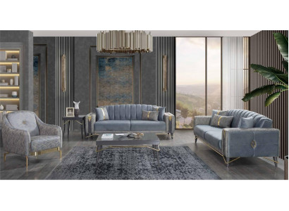 Luxurious Grey Chesterfield Upholstered Sofa Set Living Room 3-Seater Textile Armchair