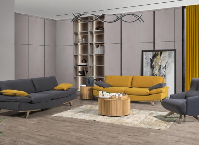 Gray-yellow living room seating furniture luxury 2x 3-seater couches single-seater 3-piece set