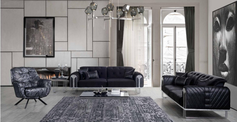 Black-Gray Living Room Seating Set 3-Seater Armchair Sofa Suite 3-piece