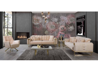 Modern beige living room sofa set x2 3-seater upholstered armchair 3-piece set