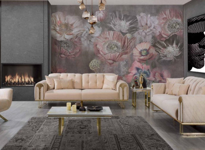 Modern beige living room sofa set x2 3-seater upholstered armchair 3-piece set