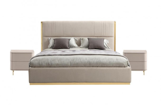 Bedroom set bed gray metal fabric design luxury 2x nightstands 3-piece new