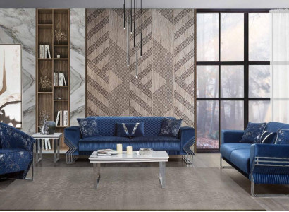 Living room blue couch set designer three-seater armchair coffee table