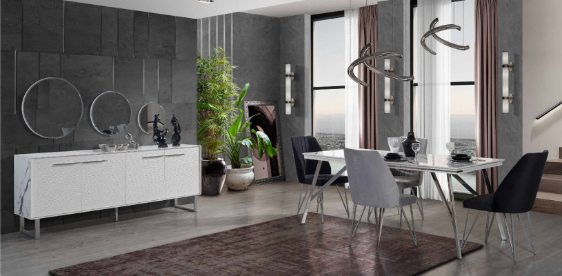 Gray-White Dining Room Furniture Sideboard Dining Table Luxurious Upholstered Chairs