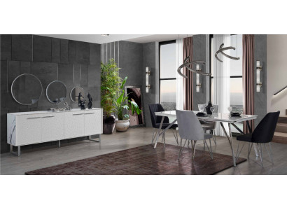 Gray-White Dining Room Furniture Sideboard Dining Table Luxurious Upholstered Chairs