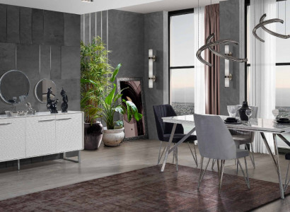Gray-White Dining Room Furniture Sideboard Dining Table Luxurious Upholstered Chairs
