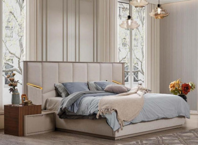 Modern Beige Bedroom Set Luxury Double Bed + Nightstands