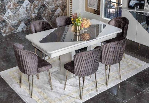 Designer White Dining Table x6 Dark Purple Textile Chairs Dining Room Set