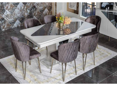 Designer White Dining Table x6 Dark Purple Textile Chairs Dining Room Set