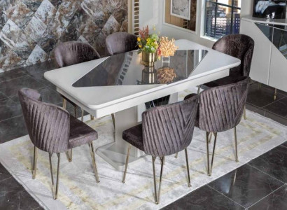 Designer White Dining Table x6 Dark Purple Textile Chairs Dining Room Set