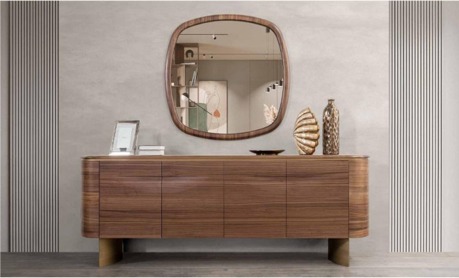 Modern brown dresser, 4-door sideboard, designer buffet, mirror