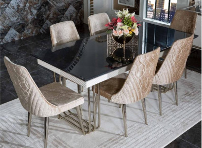 Black and white dining room glass table designer fabric chairs dining room furniture