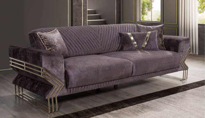 Modern purple three-seater designer couch, upholstered sofa, living room 3-seater