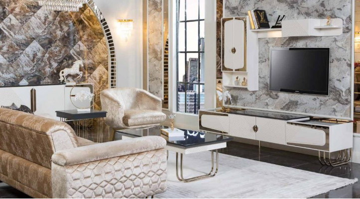 Exclusive Stainless Steel TV Cabinet Designer Wall Shelf Luxury Living Room Set