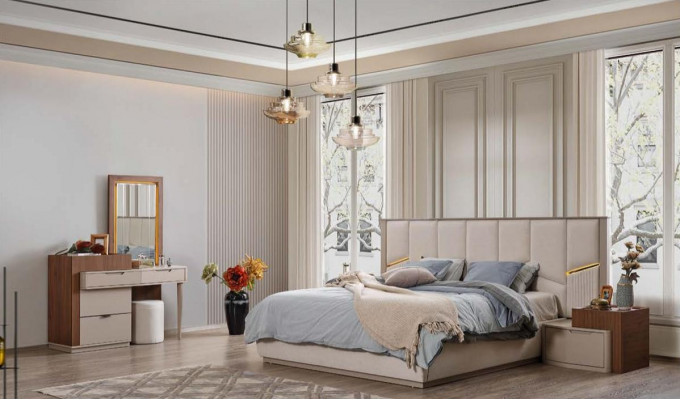 Beige Bedroom Set Luxury Upholstered Beds Nightstands Wardrobe
