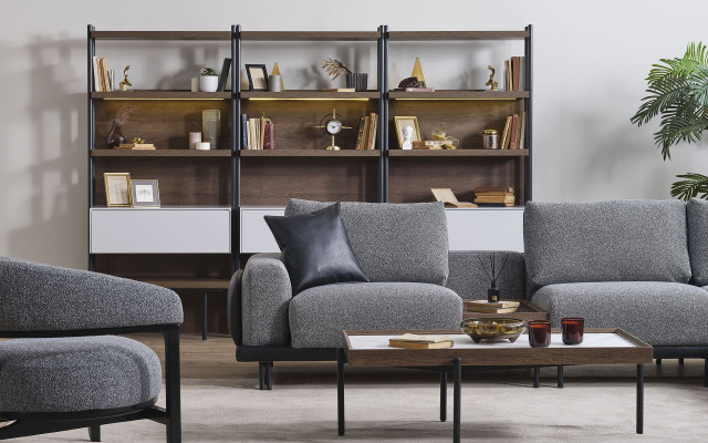 Gray living room set L-shaped sofa designer upholstered armchair coffee table