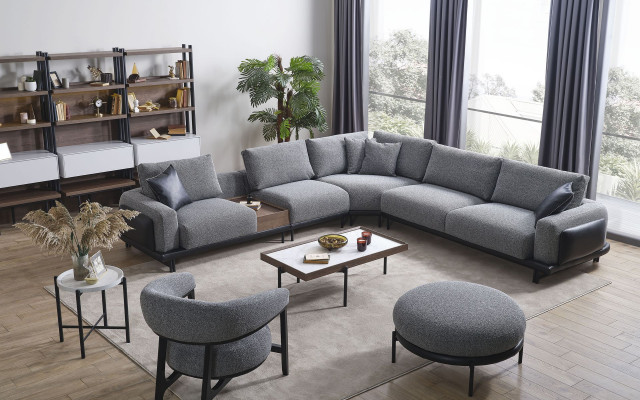 Luxury Gray Living Room Set Corner Sofa L-Shaped Couch Upholstered Armchair 3pcs