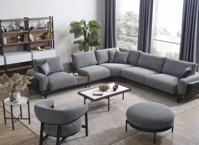 Luxury Gray Living Room Set Corner Sofa L-Shaped Couch Upholstered Armchair 3pcs