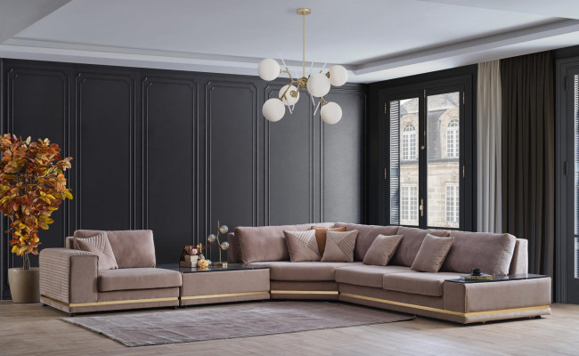 Beige L-shaped Living Area Designer Upholstered Sofa Stylish Couches New