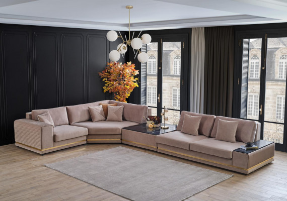 Beige L-shaped sofa stylish living landscape designer couch upholstered furniture