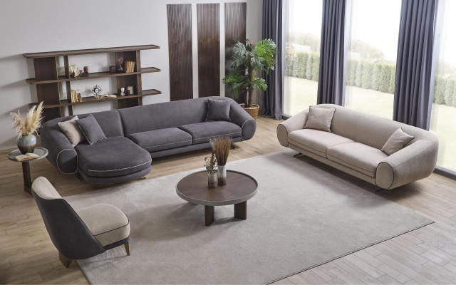 Modern living room set grey corner sofa L-shape 3-seater upholstered armchair