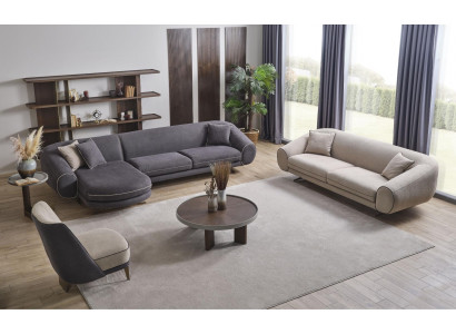 Modern living room set grey corner sofa L-shape 3-seater upholstered armchair