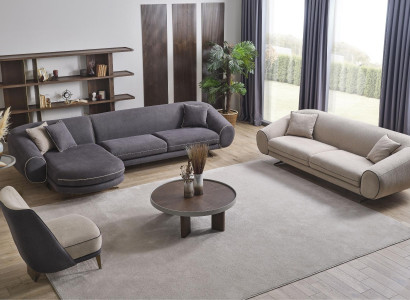Modern living room set grey corner sofa L-shape 3-seater upholstered armchair