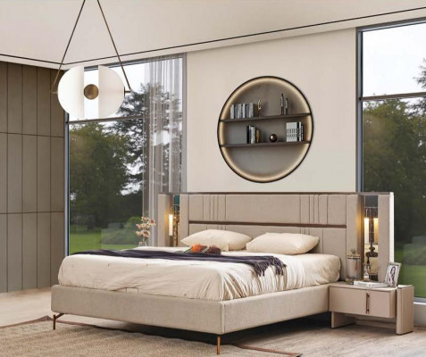 Luxurious bedroom beige double bed 2x nightstands modern furniture