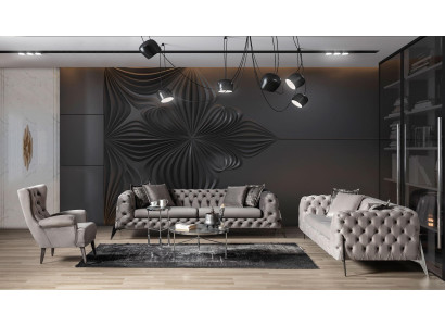 Light gray living room Chesterfield sofa set 4+3 armchairs luxury armchairs