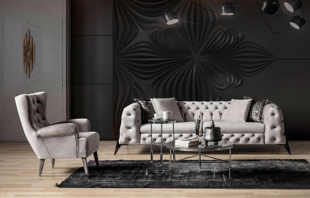 Light gray living room Chesterfield sofa set 4+3 armchairs luxury armchairs