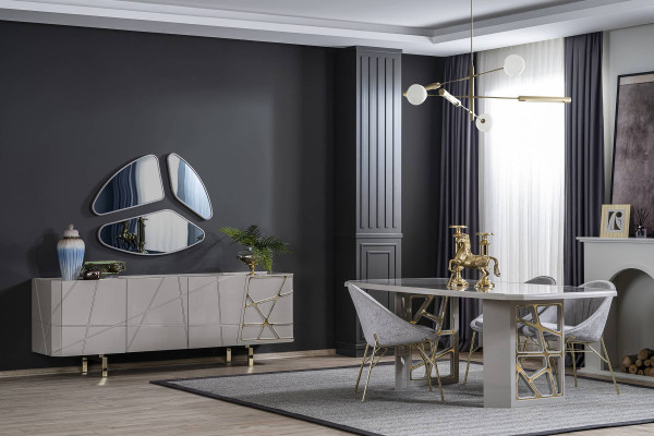 Gray dining room furniture, luxurious dining set, dining table, 4x chairs, sideboard.